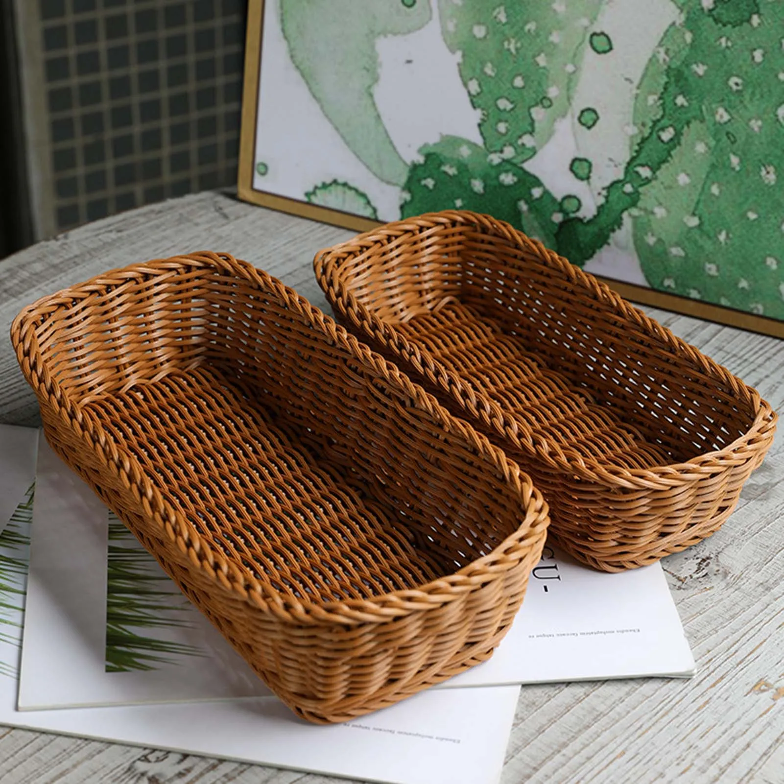 

Storage Basket Hand-Woven Kitchen Supplies Rectangular Imitation Rattan Wicker Basket Household Storage Tray Woven Container