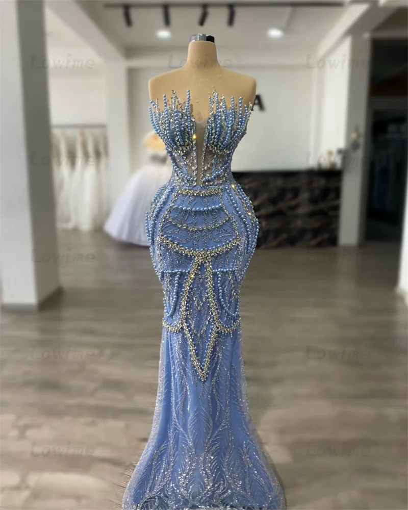 2024 Blue Pearls Wedding Party Dress Women Arabic Evening Dresses Gowns Aso Ebi Birthday Engagement Prom Gowns Robes Custom Made