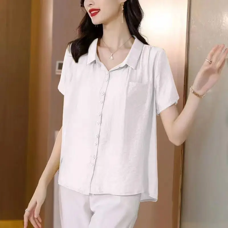 Women\'s Monochromatic Short Sleeve Shirts, Loose Tops, Casual Clothes, Elegant, Office Lady, All-match, Summer Fashion