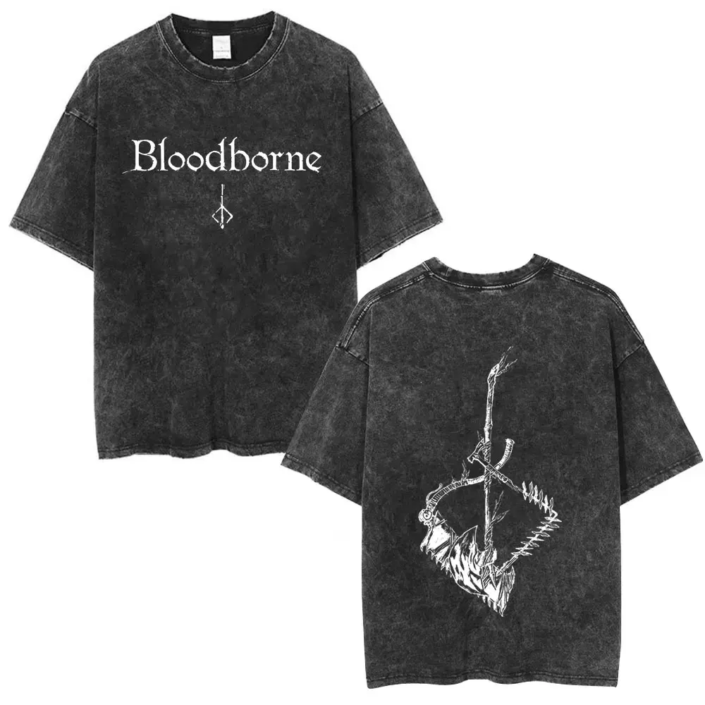 Washed Vintage Game Bloodborne Merch T-shirt Horror Hunter Oversized T Shirts Men Women Casual Retro Cotton T-shirts Streetwear