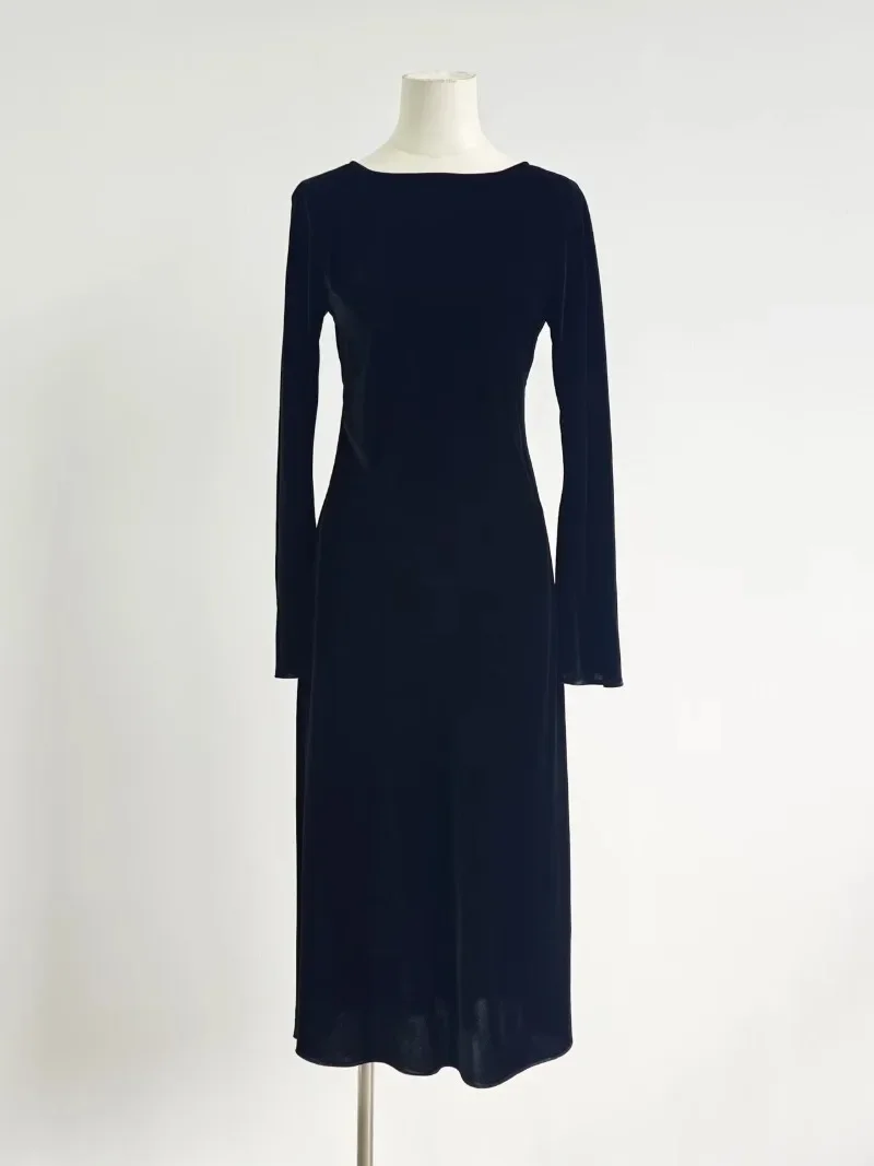 Autumn French Elegant Mulberry Silk Dress High-end Velvet Bias-cut Round Neck Black Dress