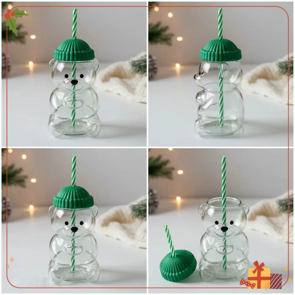 

2025 New Cartoon Bear Shaped Coffee Mug Cute Bear Mug Glass Cup With Straw Transparent Creative Milk Coffee Water Cups