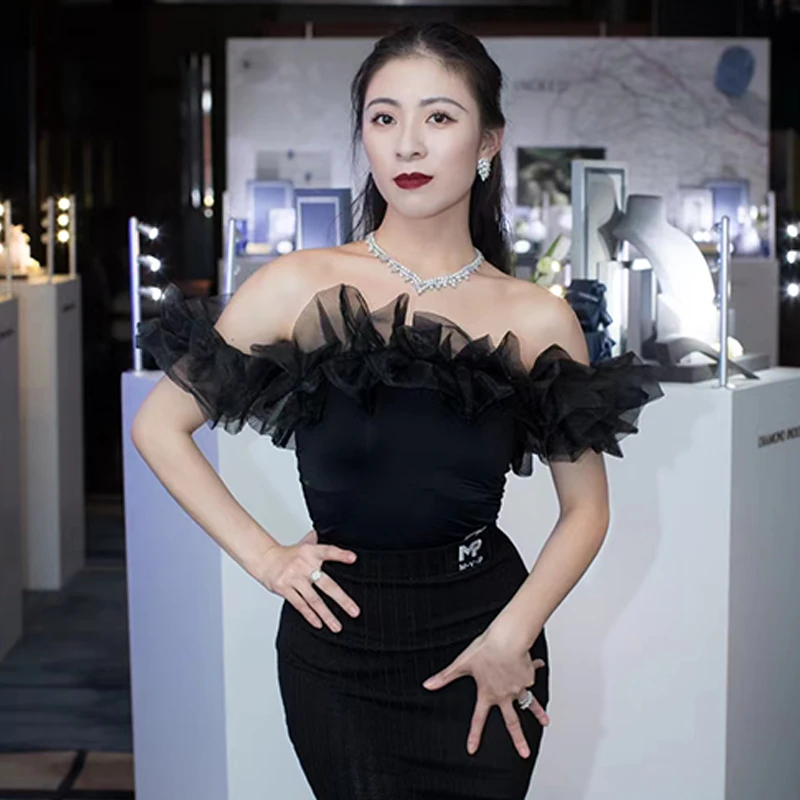 New Latin Dance Tops Black Mesh Ruffled Off Shoulder Leotard Adult Ballroom Dance Performance Costume Club Dance Wear BL8957