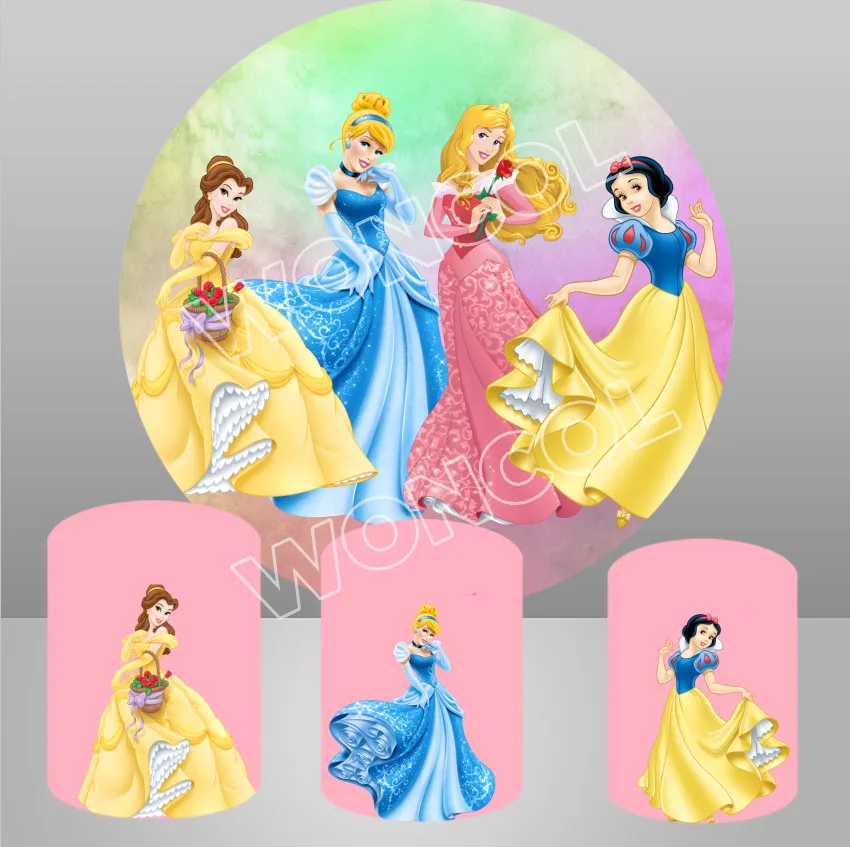 Princess Birthday Circle Backdrop Cinderella Aurora Snow White Belle Backdrop Disney Princess Cylinder Cover Photography Prop