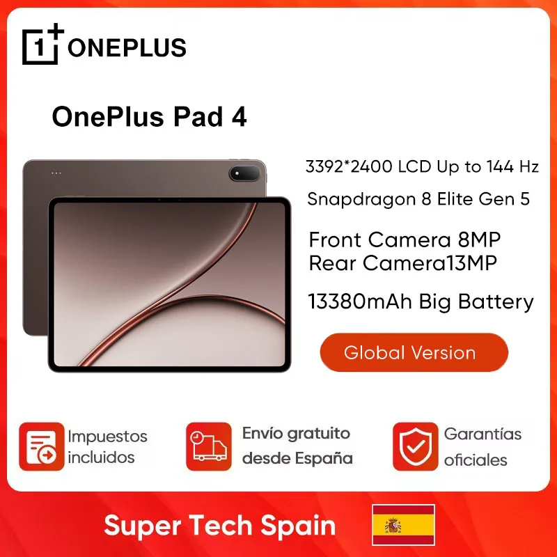 OnePlus Pad 4 Versión Global — Tablet con procesador Snapdragon 8 Elite Gen 5, pantalla True Color de 13,2 pulgadas (3.4K, 144 Hz), 8 altavoces, Wi-Fi 7, Android 16 y batería de 13.380 mAh. 7