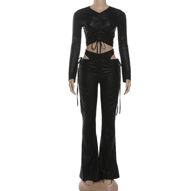 

Sexy Streetwear Lace-Up Bandage Two Piece Set Women 2026 Spring Fashion Long Sleeve Cropped Tops and Empire Flare Pant Outfits