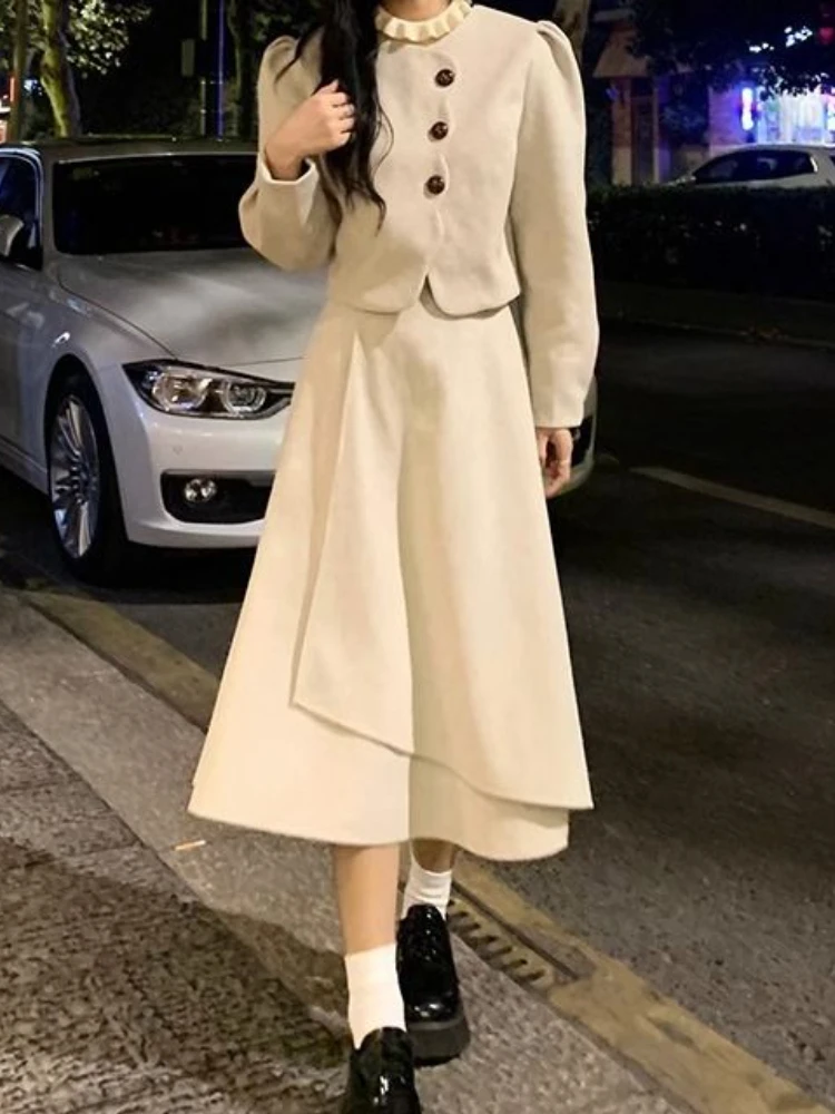 Winter Vintage Elegant Solid 2 Piece Set Women Preppy Style Button Y2k Casual Midi Skirt Suit Female Korean Style Chic Sets 2023