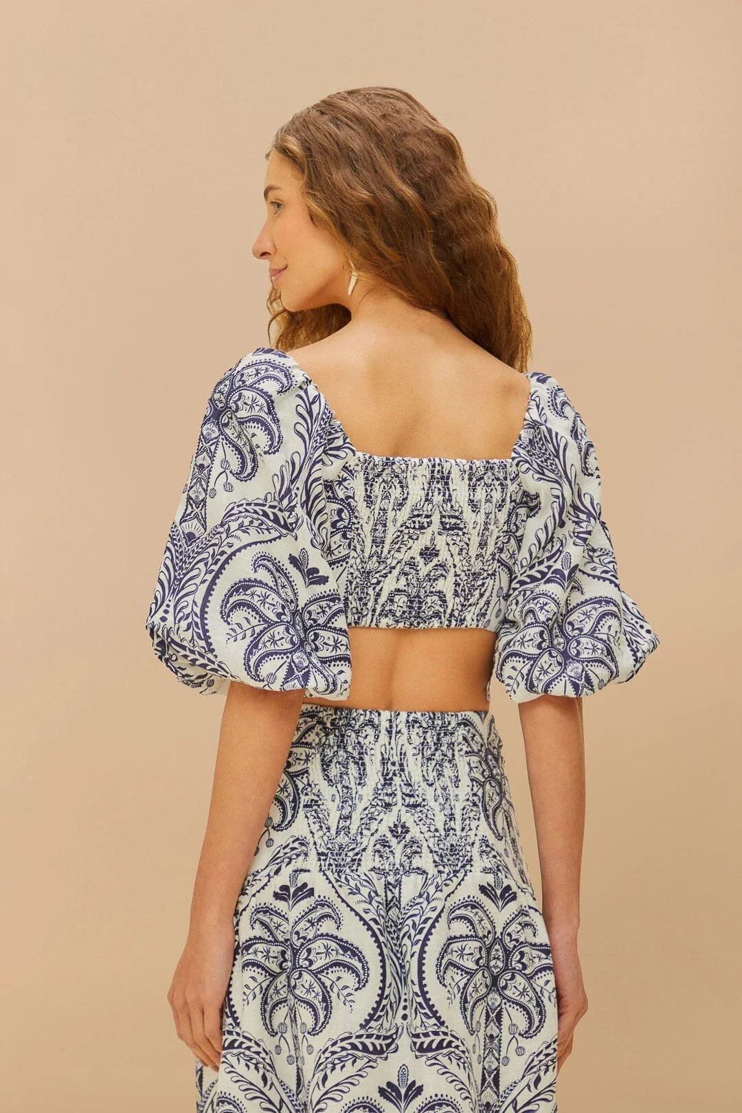 

Women Retro Print Holiday Linen Set Square Collar Puff Sleeve Short Tops + High Waist A-Line Midi Skirt