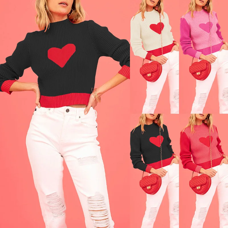 

2025 Autumn Winter New European and American Hot Sale High Neck Color Block Heart Peach Slim Fit Women's Knitted Sweater