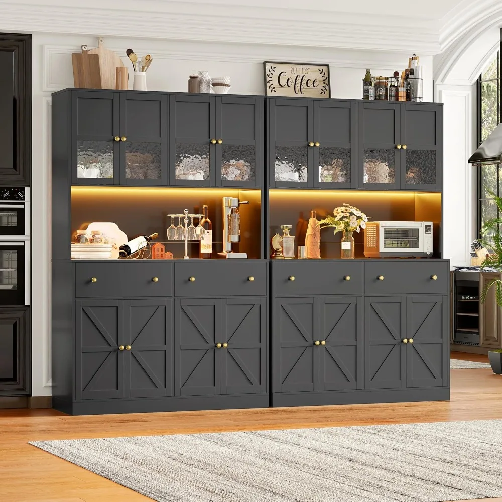 71 Inch Pantry with LED Light and Charging Station, Farmhouse Kitchen Pantry with Microwave Mount, 47.2 Inch Wide Kitchen Pantry