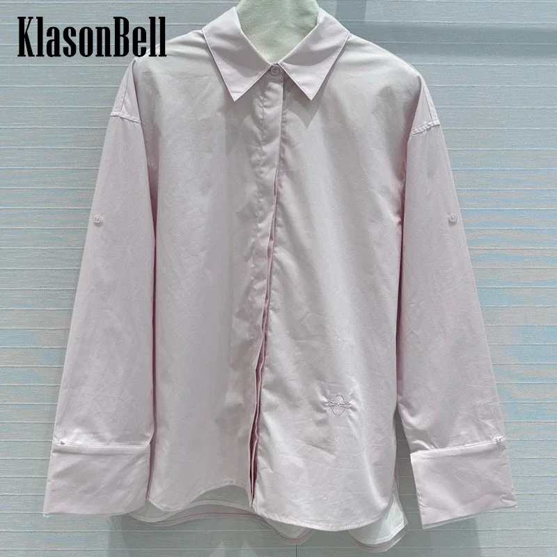 

7.18 KlasonBell Women 2024 New Letter Embroidery Pink Split Shirt Fake Two Piece Contrast Color Lapel Long Sleeve Blouse