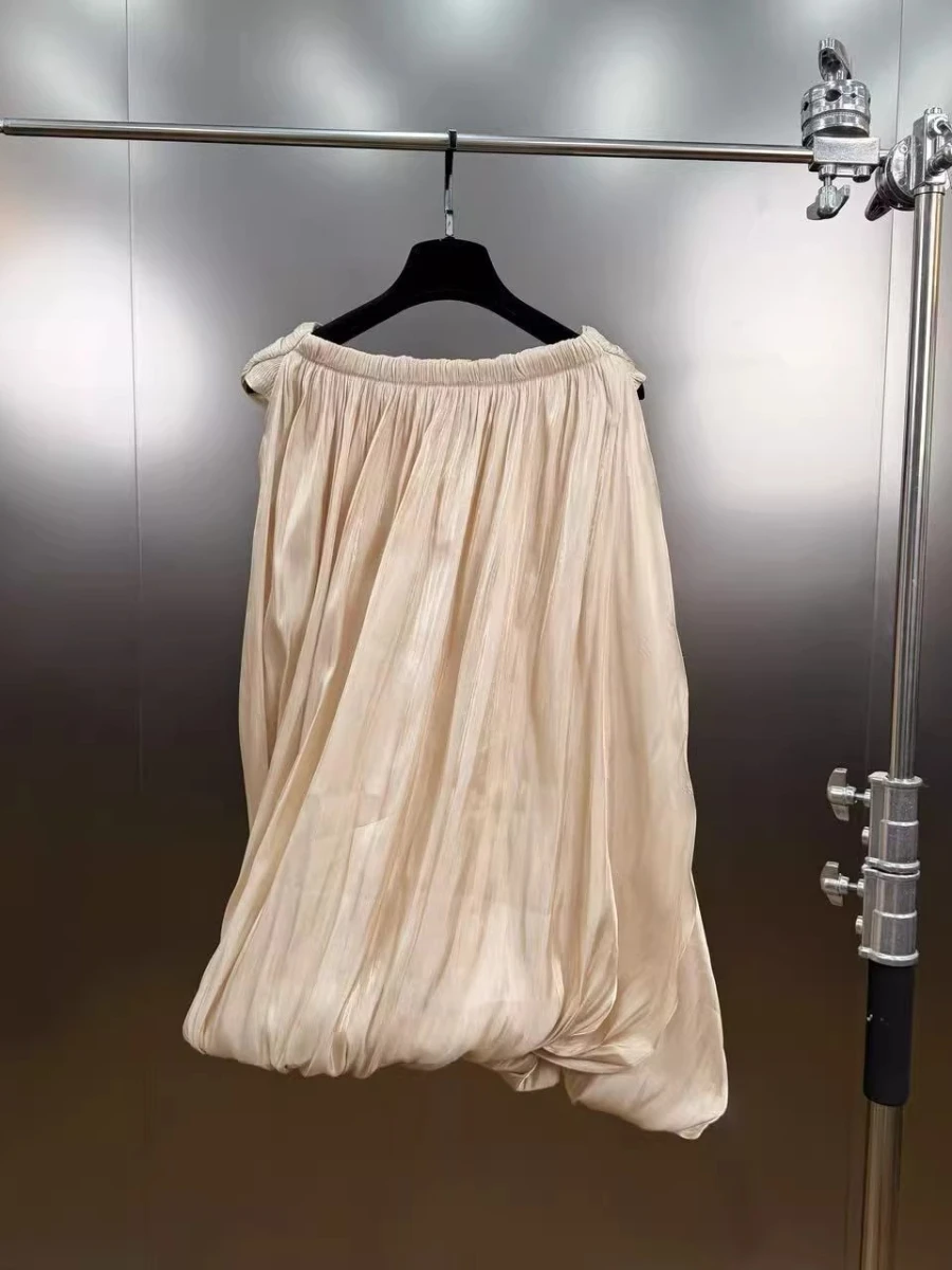 CHICEVER Khaki Spliced Folds Dress Female Slash Neck Sleeveless Loose Gentle Intellectual Women's Dresses Summer Fashion Style