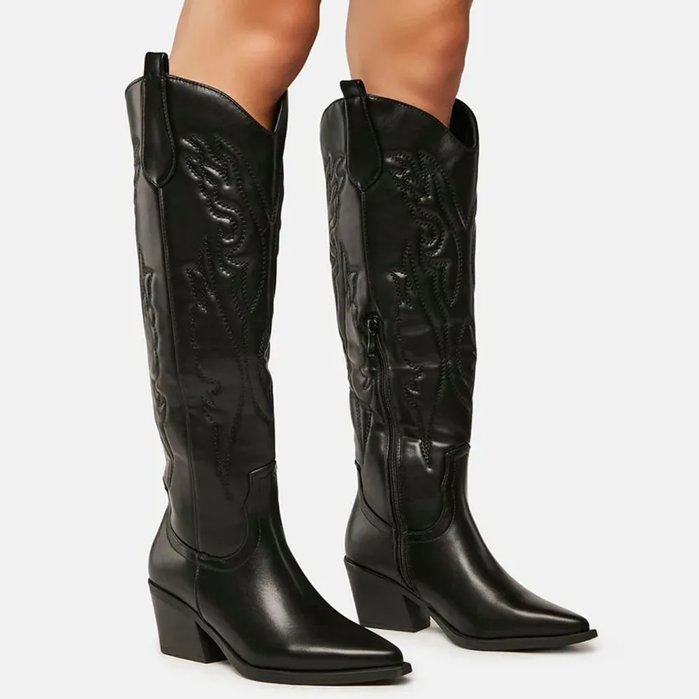 Botas occidentales de vaquera con punta estrecha para mujer, botas hasta la rodilla con bordado de tacón de bloque, talla grande 46, buena calidad