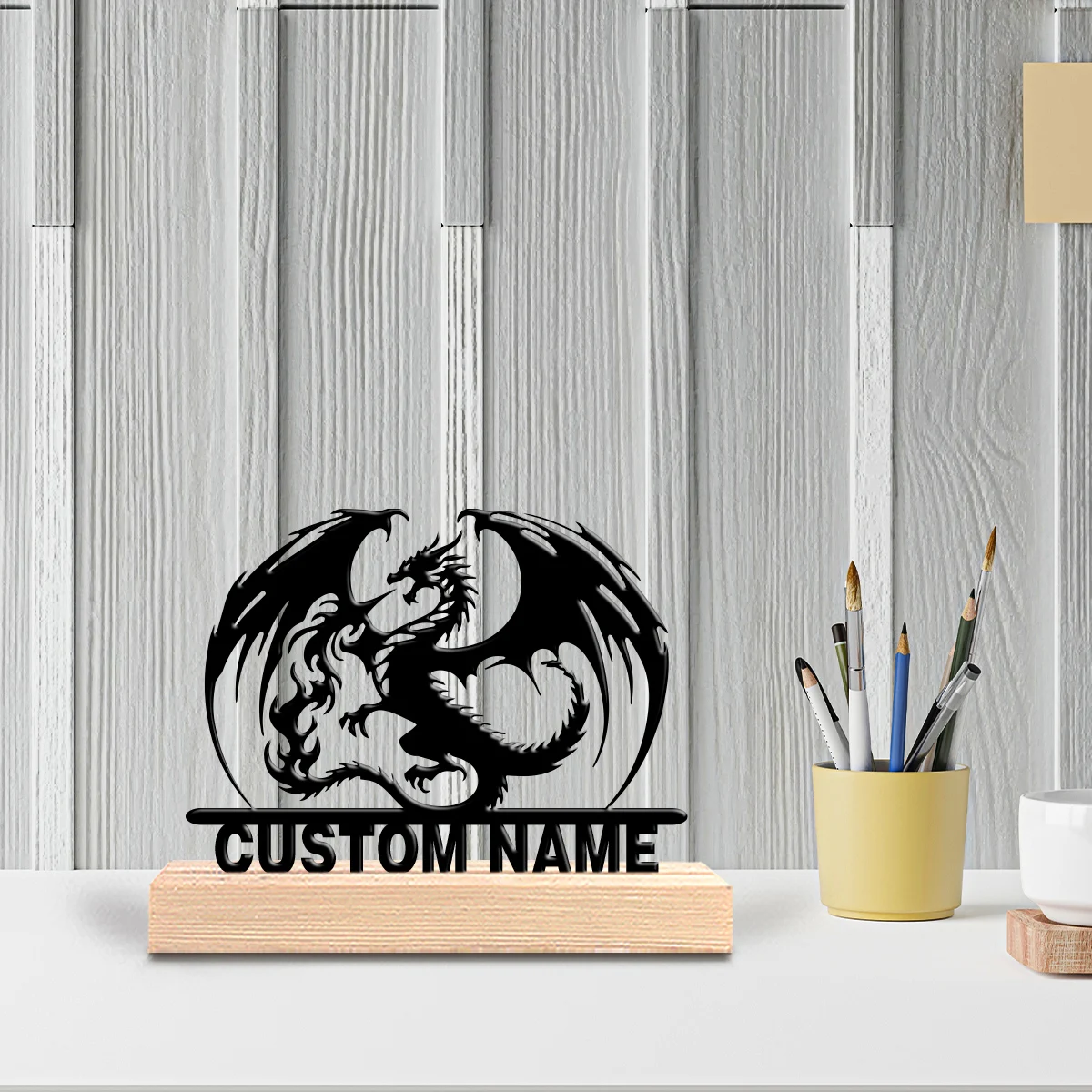 1pc Modern Evil dragon Custom Text Tin Statue Iron Ornament Metal Sculpture With Wood Base Art Figurine With Wood Base Study