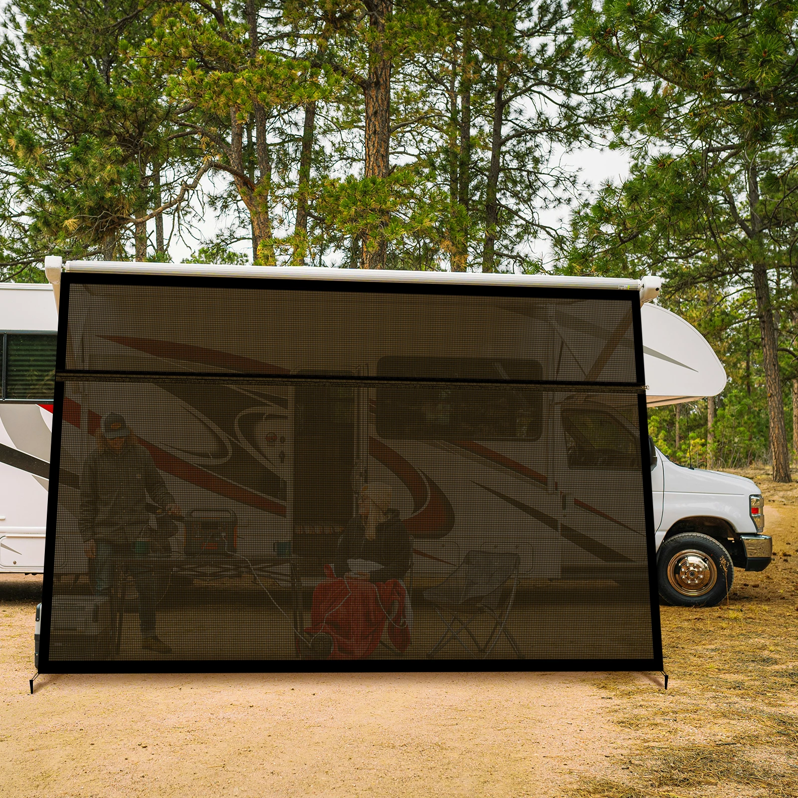 RV Awning Shade Screen with Zipper, 12'x8' - Black Mesh UV Blocker, Sun Shade Kit for Motorhome, Camper, Travel Trailer Canopy.