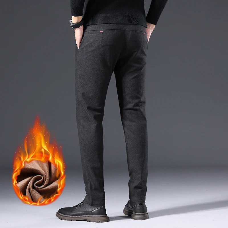 3 Colors Fleece Business Casual Pants Men Winter Thermal Fashion Youth Slim Trousers Stretch Straight Velvet Thicke Male Pants