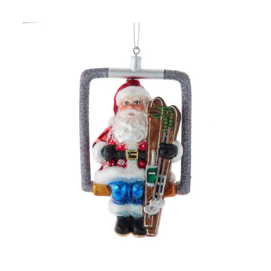 

The Bridge Collection Santa On Ski Lift Ornament Glass Christmas Tree Decoration with Skis and Poles Festive Winter Holiday Acc