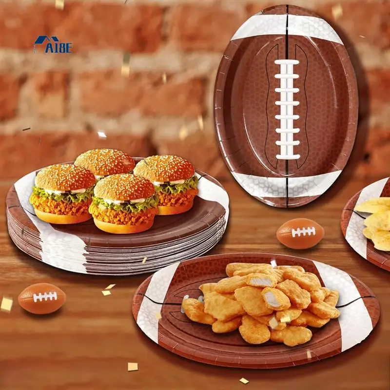 

A18E-50Pcs Football Shaped Disposable Paper Dinner Plates Tableware For Outdoor Sports Game Birthday Football Party Supplies