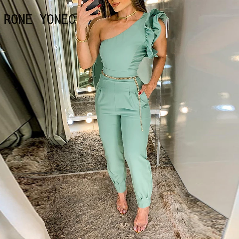 Women Elegant Solid One Shoulder Ruffle Decoration Chain Belts Formal Jumpsuit