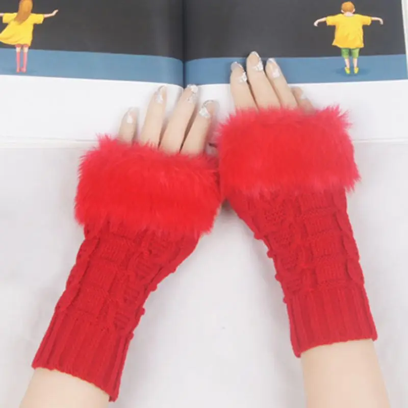 Hot Women Faux Rabbit Fur Hand Wrist Winter Warmer Fingerless Long Mitten Gloves Dropship