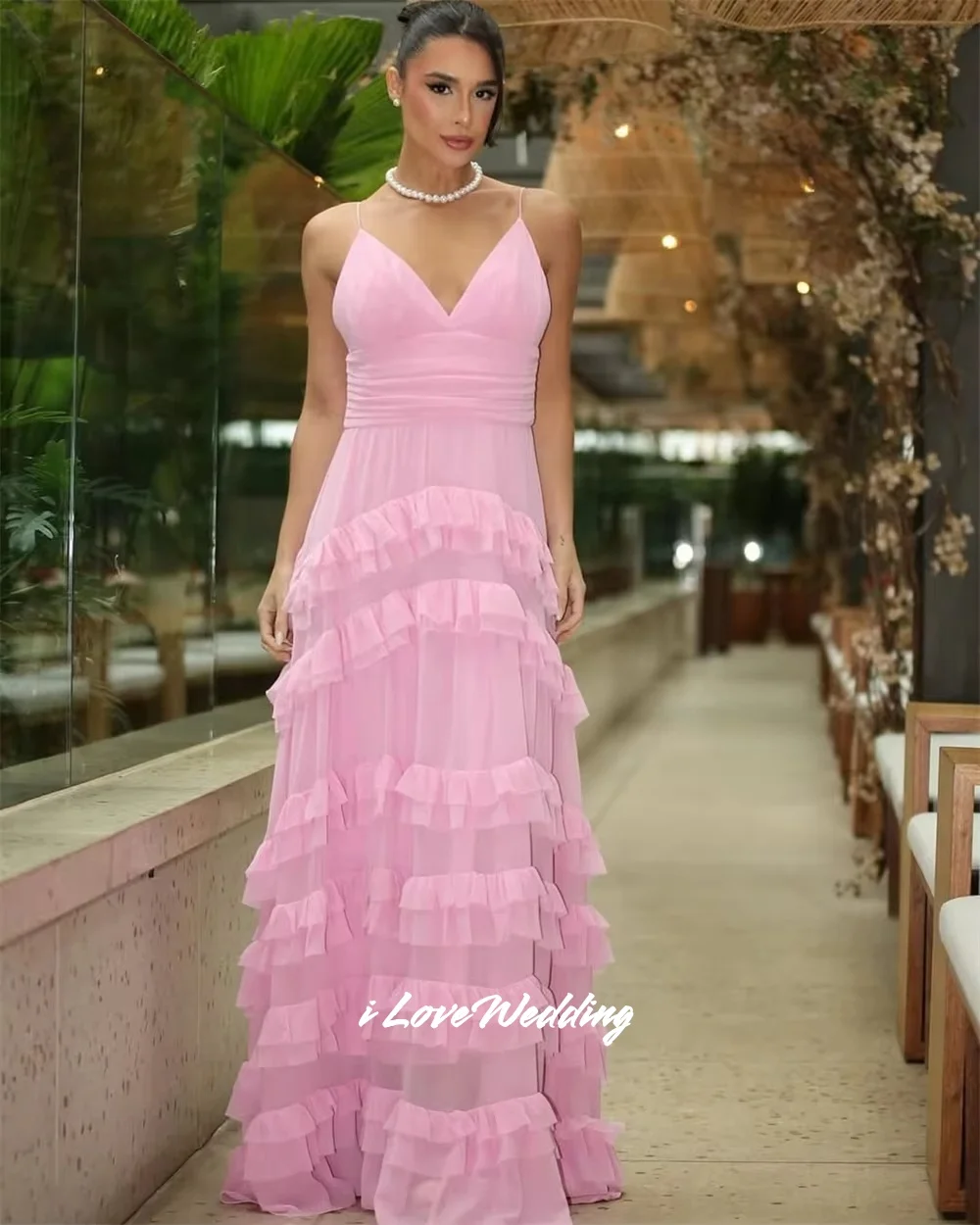 Pink Spaghetti Strap Prom Dresses Chiffon V-Neck A-Line Ruffles Backless Sleeveless Multi-Layered Floor-Length Pleated Customize