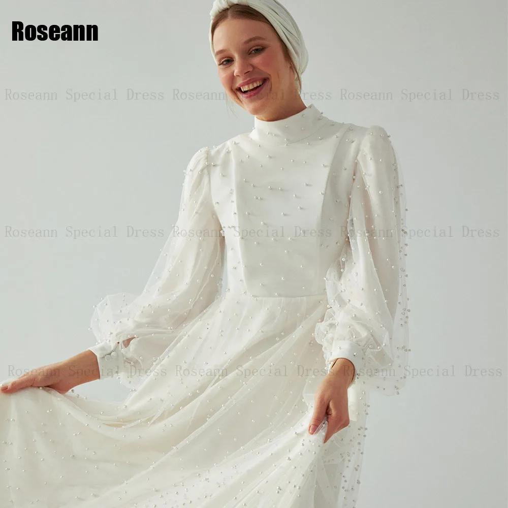 Robe de Mariée Musulmane en Satin, Col Haut, Ivoire, Ligne A, Drapée, Plissée, Perles, Longueur au Sol