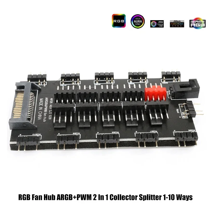 Hub Kipas RGB Kolektor PWM ARGB 2 In 1 Splitter, 2X 10 Cara MB 5V AURA SYNC, Konektor Daya SATA