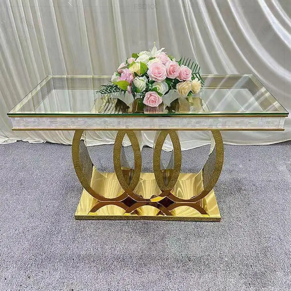 FSDKX Rectangular Gold Stainless Steel Table for Wedding Banquets & Events for Dining & Living Room Square Bridal Table