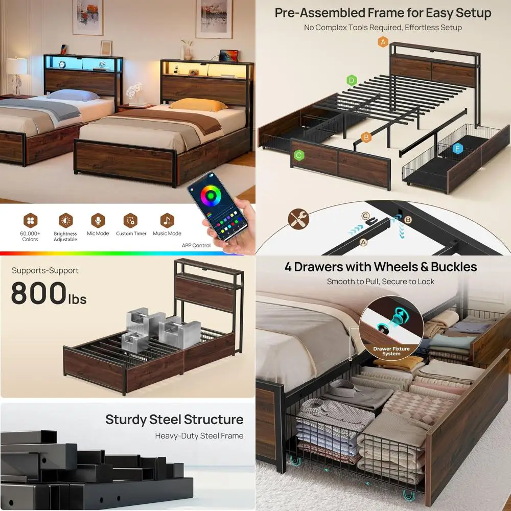 Cama de plataforma de metal em nogueira com 4 gavetas, estação de carregamento, luzes LED, armazenamento de 2 níveis, sem necessidade de estrado, fácil montagem, Noi