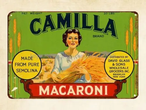home decor Macaroni label Camilla Brand metal tin sign