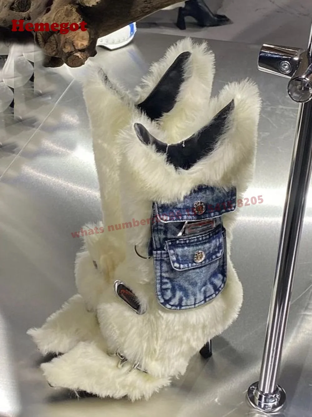 Fur Pocket Fluffy Stiletto Long Boots Pointy Toe Side Zipper Plush Women\'s Mid-Calf Boots 2025 White Patchwork Shoes Sexy Luxury