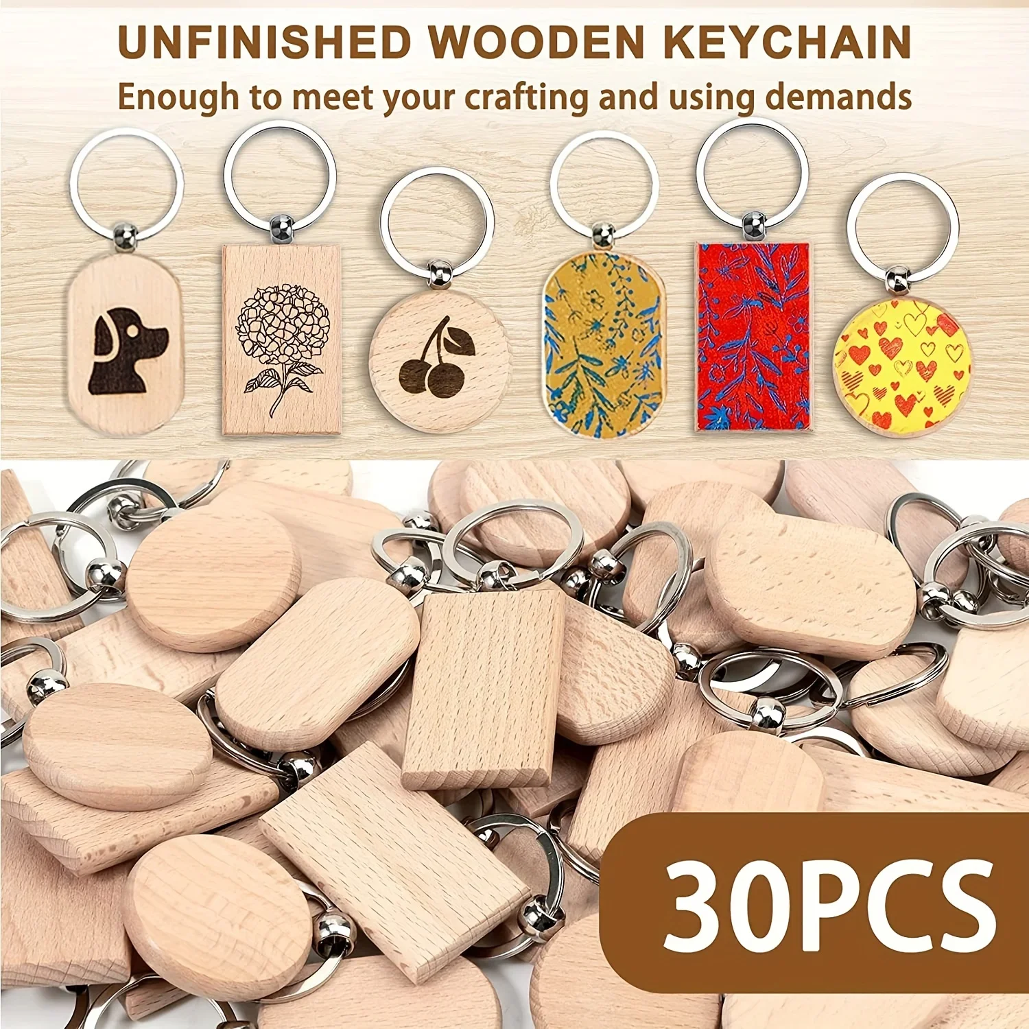 30 Pieces Wood Keychain Blanks 3 Shapes Laser Engraving Blanks Key Chain Unfinished Wood Keychains Bulk for DIY Crafts Gift