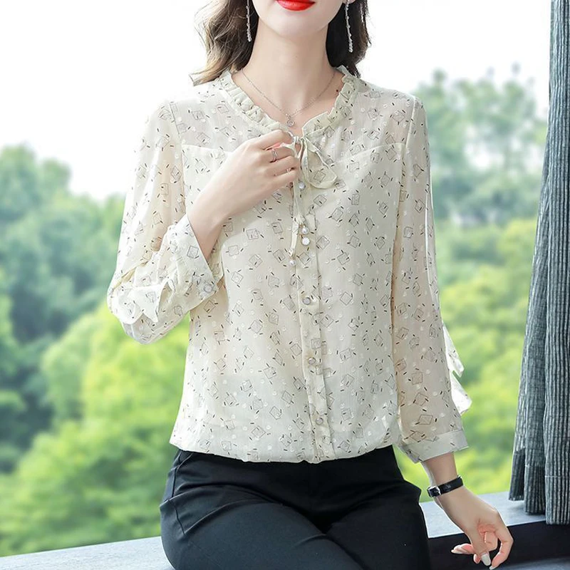 Women Ruffle Lace Up Elegant Blouses Spring Autumn Korean Floral Print Shirts Chic Sweet Long Sleeve Tops Blusa Mujer Moda 2023