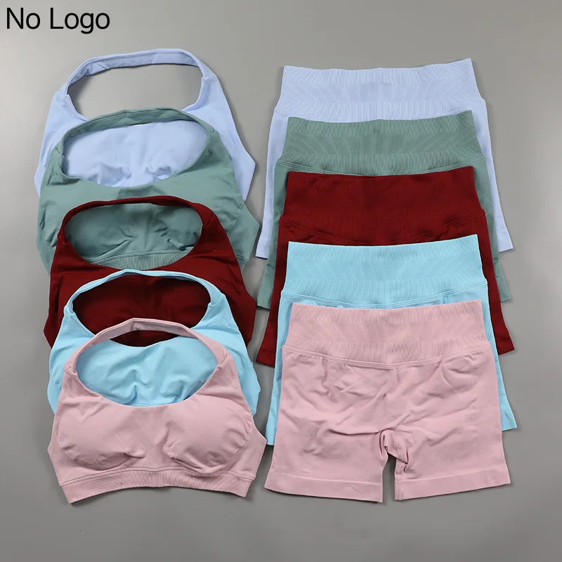 

Yoga Set Women 2Pcs Fitness Shorts Sets Seamless Halter Sports Bra Scrunch Butt Gym Shorts Set Workout Clothes Summer Sportswear