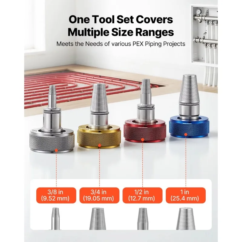 Pipe expansion tool kit with 4 expansion heads, suitable for 3/8-inch, 1/2-inch, 3/4-inch, 1-inch pipes, manual expansion tools