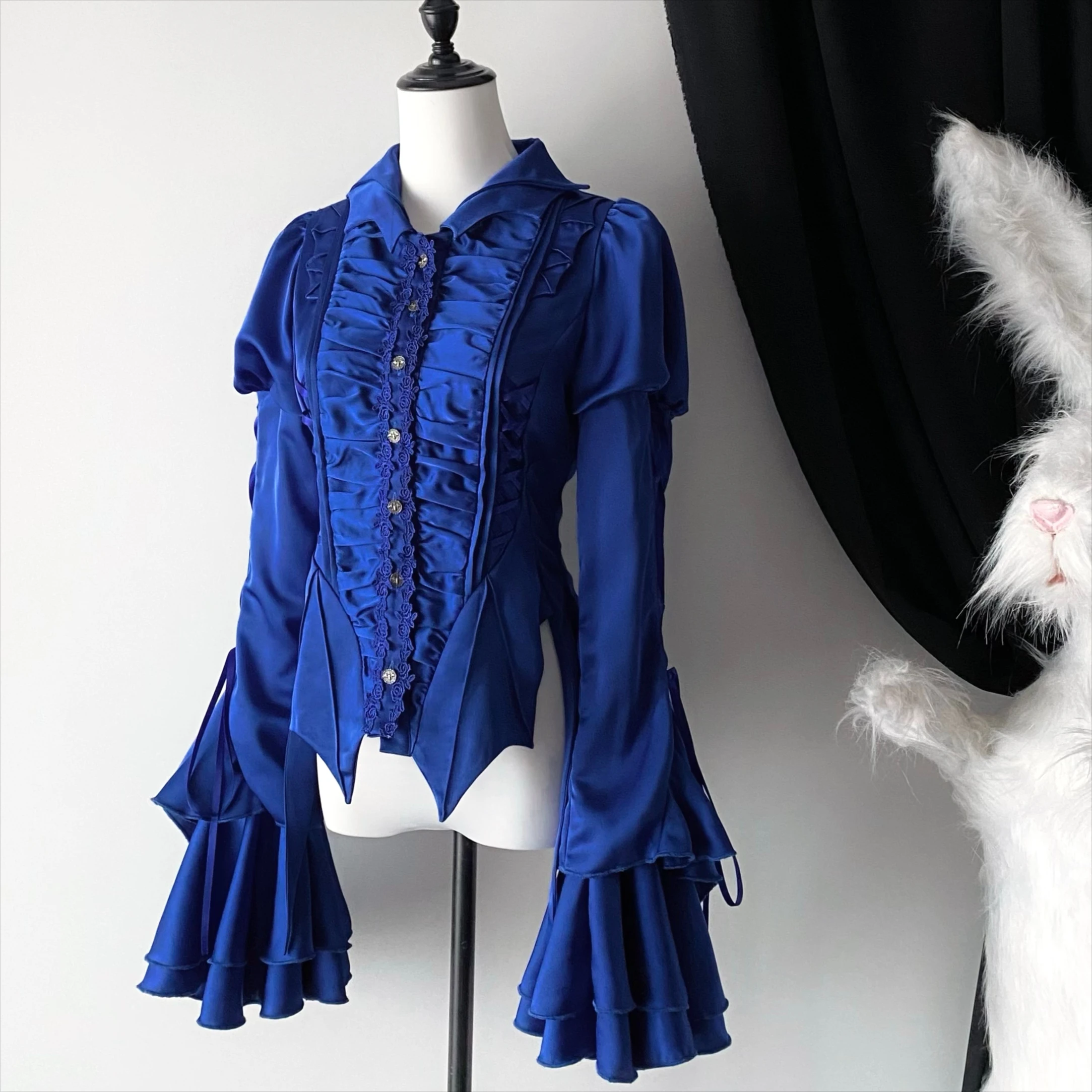 

Gothic Lolita Shirt Gorgeous Long Flare Sleeve Bat Collar Irregular Hem Women's Blouse Plus Size ~ Endless Night