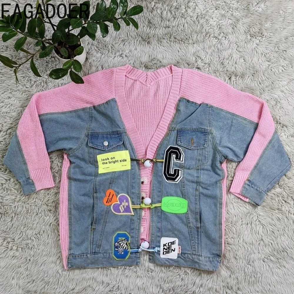 FAGADOER Spring New Y2K Knitted Denim Splicing Jacket Women V Neck Button Long Sleeve Slim Coats Casual Female Printing Top 2024