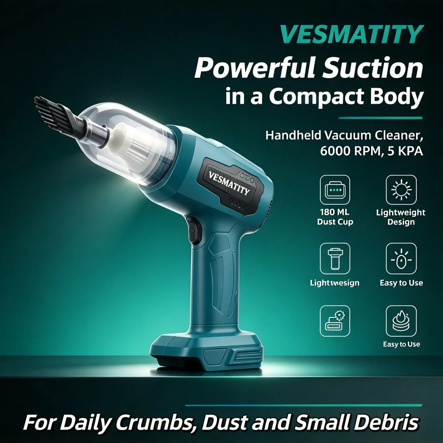 Vesmatity 21V High Power Cordless Handheld Vacuum Cleaner 10000Pa Wet Dry Suction Car Home Office Pet Hair Tool 21V Battery Kit