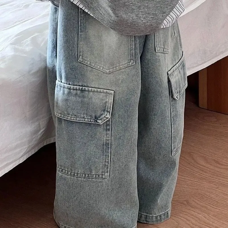 

New Spring Autumn Kid's Denim Pocket Trousers Korean Children's Jeans Loose Straight Pants Wide Leg Cargo Pants for Boys Girls