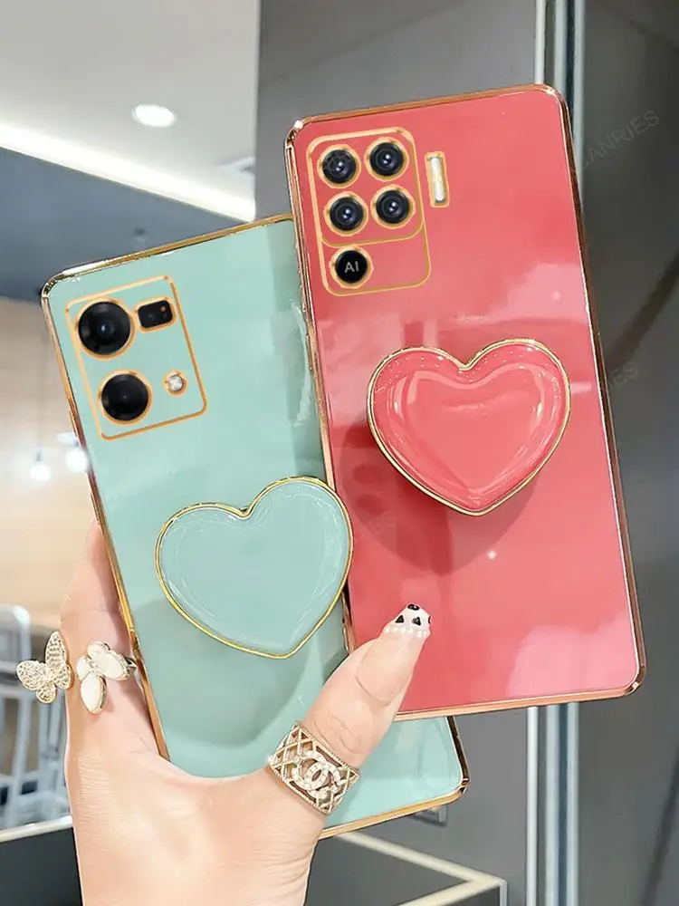 Reno8 Reno7 Love Heart Phone Holder Luxury Plating Case For Oppo Reno 8 7 6 5 Lite Pro 4z 4g 9 10 5g Stand Silicone Cover Reno5