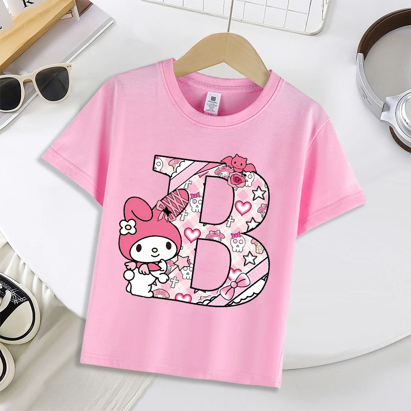 내 멜로디 핑크 편지 A-Z 티셔츠 반팔 여름 코튼 소녀 의류 패션 만화 Sportwear 어린이 생일 파티 셔츠