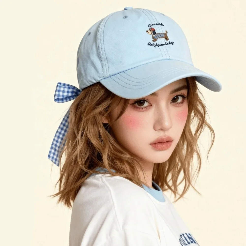 Neue Atmungsaktive Baseballkappe mit Schleife, Sonnenschutz-Entenschnabelmütze im Koreanischen Stil, Bestickter Hunde-Sonnenhut für Frühling/Sommer – Detail 4