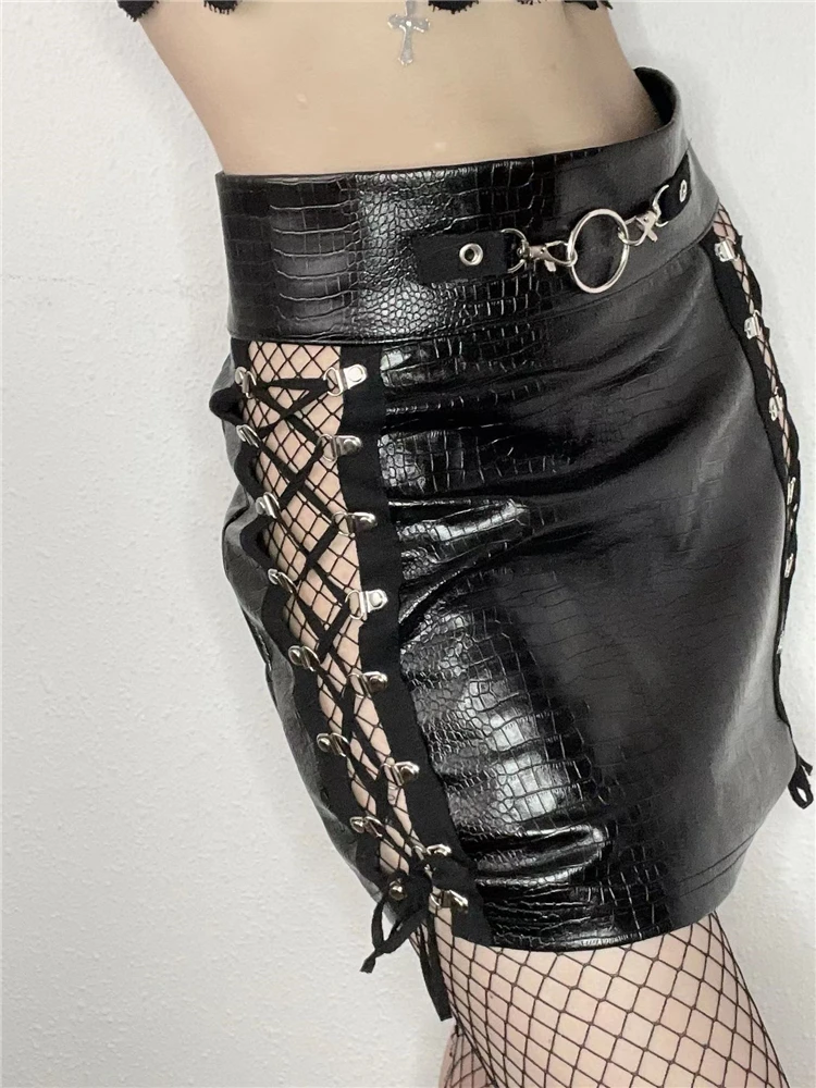 PU Leather Lace Up Mini Skirt Gothic Hollow Bandage Emo Skirts Harajuku Night Club, Party Drawstring Grunge Summer