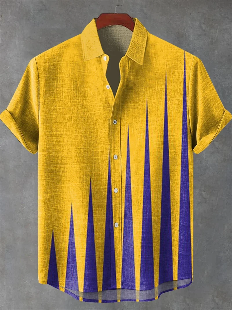

New Men's Short Sleeve Shirt Colorful Vintage Ethnic Style Geometric 3D Art Printed Casual Linen Shirt