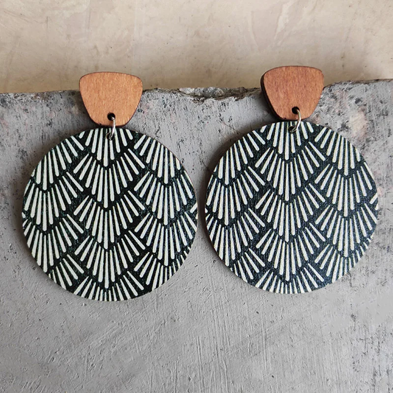 Pendientes redondos florales de madera para mujer, aretes bohemios a rayas, estampado de hojas, empalme étnico, regalo de joyería de cumpleaños