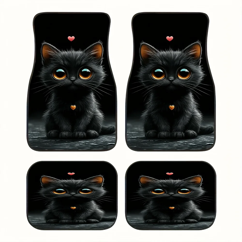 4pcs Black Cat Pattern Car Mats Set, Universal Anti-Slip And Dustproof Front & Rear Floor Mats, Cute Black Cat Print Design For