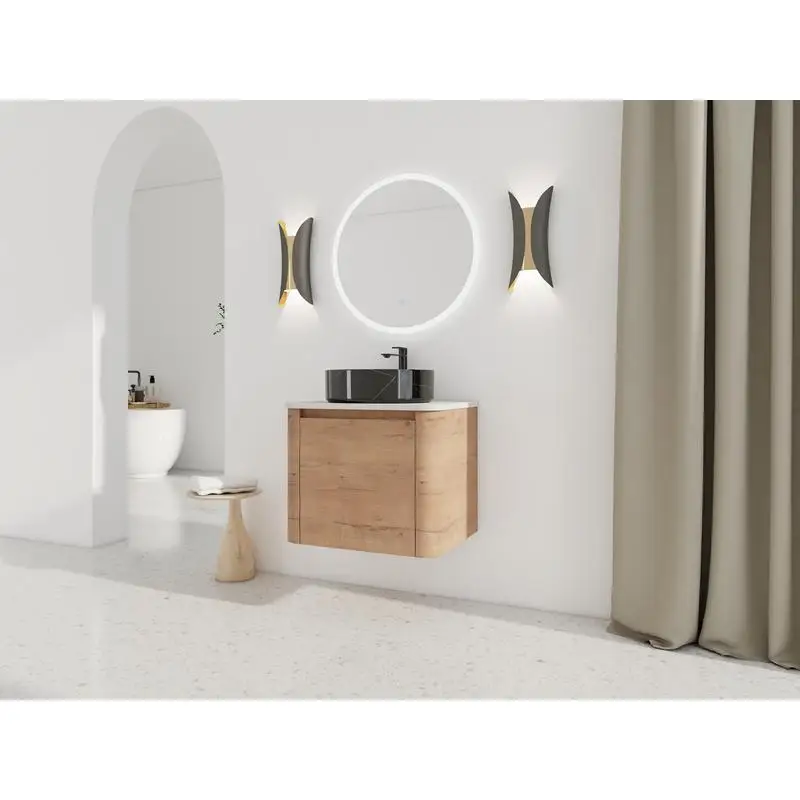 زينة حمام مثبتة على الحائط مقاس 24 بوصة مع حوض سيراميك وباب مغلق ناعم، خشب رقائقي، سهل التجميع، تصميم موفر للمساحة، طراز حديث