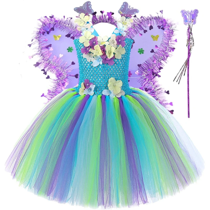 

Flower Jungle Fairy Costumes for Girls Halloween Fancy Dress with Butterfly Wings Princess Girl Outfit Kids Birthday Party Tutus
