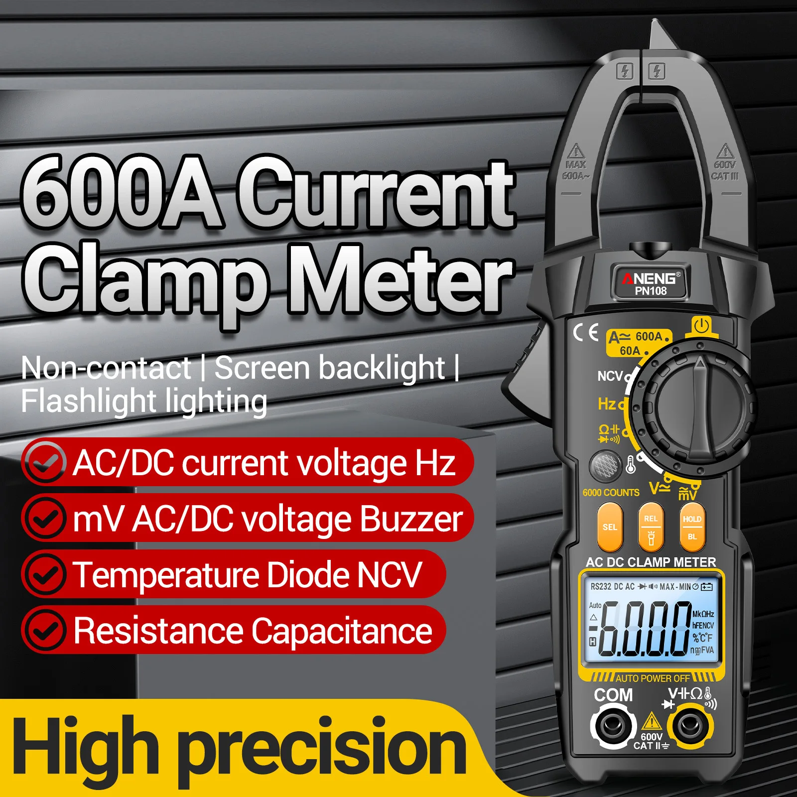 ANENG High Precision Clamp Multimeter Meter PN108 Electrician Tool AC/DC Voltage Current 6000 Counts Resistance Capacitance Test