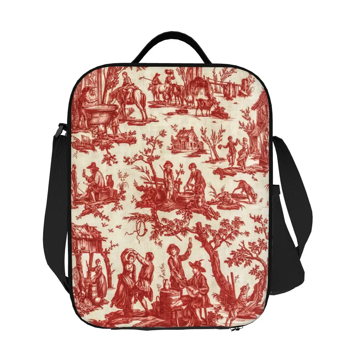 

Custom Red Toile De Jouy Motif Pattern Thermal Insulated Lunch Bags Women Lunch Tote for Outdoor Camping Travel Bento Food Box